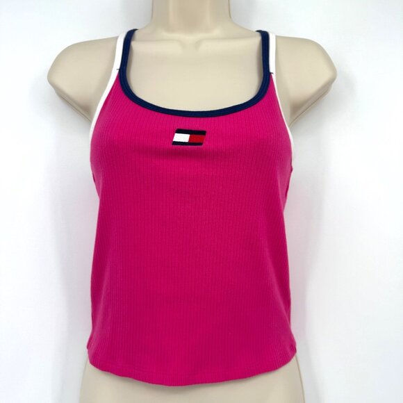 Tommy Hilfiger Y2K Cropped Tank Top Woman’s juniors size large ribbed embroidere - Picture 1 of 11